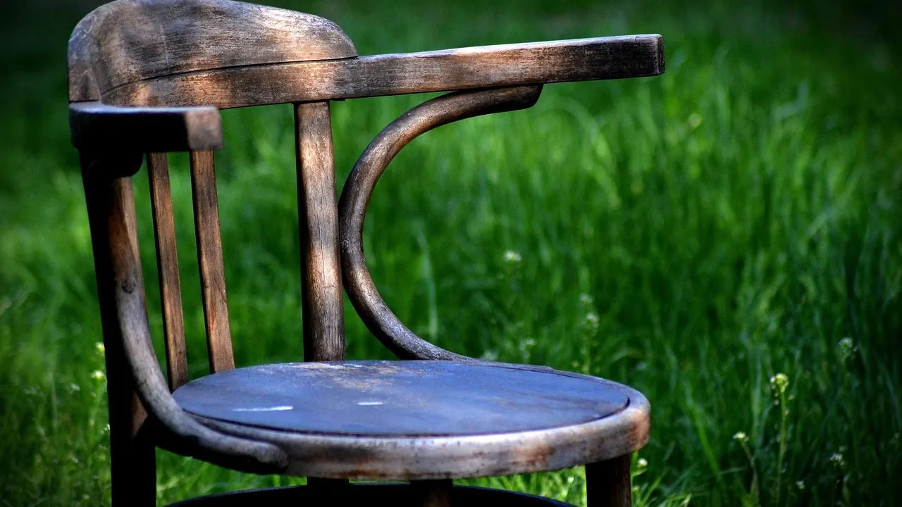 Une chaise de bistrot en bois courbé, posée dans l’herbe haute